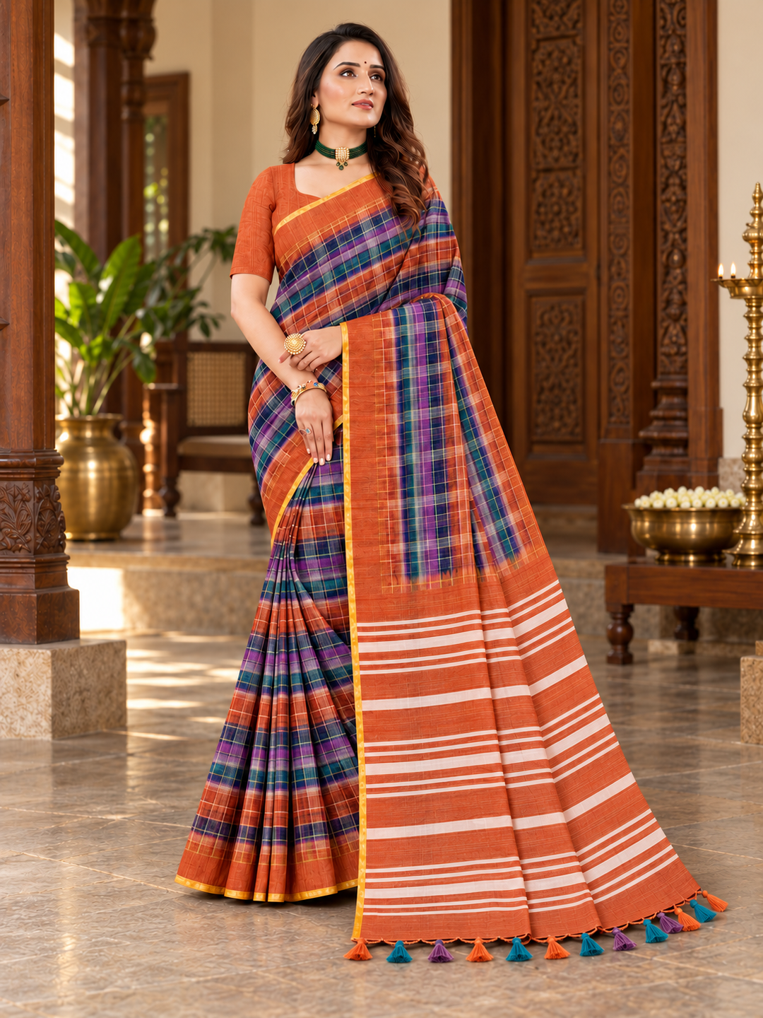 Amala Cotton Sarees Rust Orange full model
