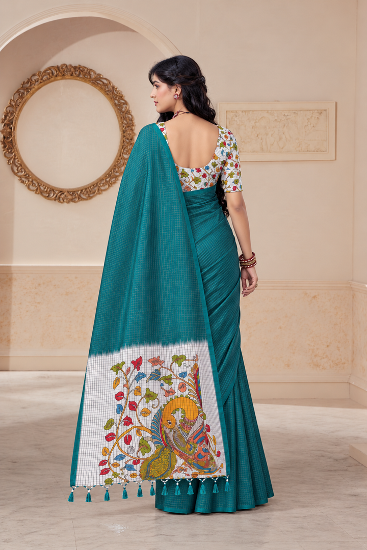 Fancy Sungudi Art Saree – Teal Blue Borderless Design