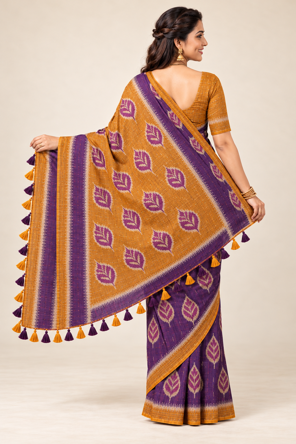 Purple & Mustard Bamboo Khadhi Saree with Blouse Piece