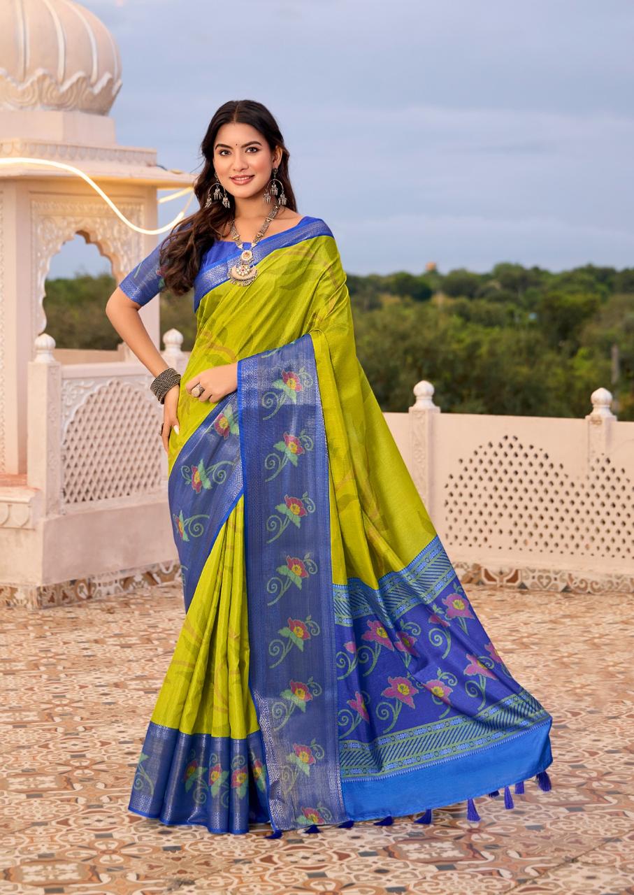 Woman wearing a green and blue saree with a scenic background