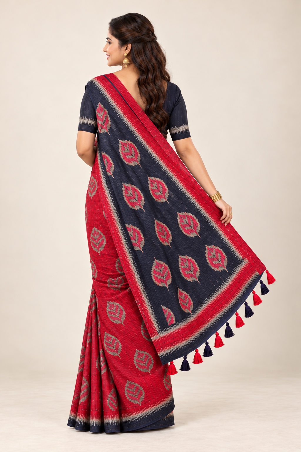 Red & Navy Blue Bamboo Khadhi Saree with Blouse Piece