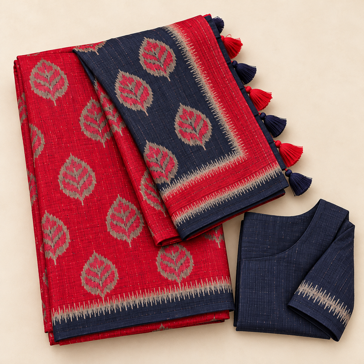 Red & Navy Blue Bamboo Khadhi Saree with Blouse Piece