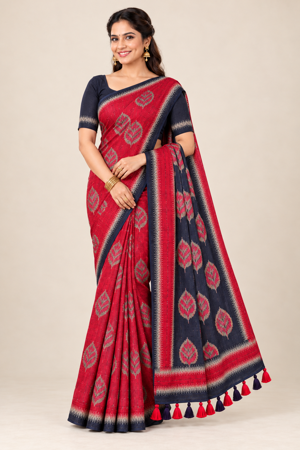 Red & Navy Blue Bamboo Khadhi Saree with Blouse Piece