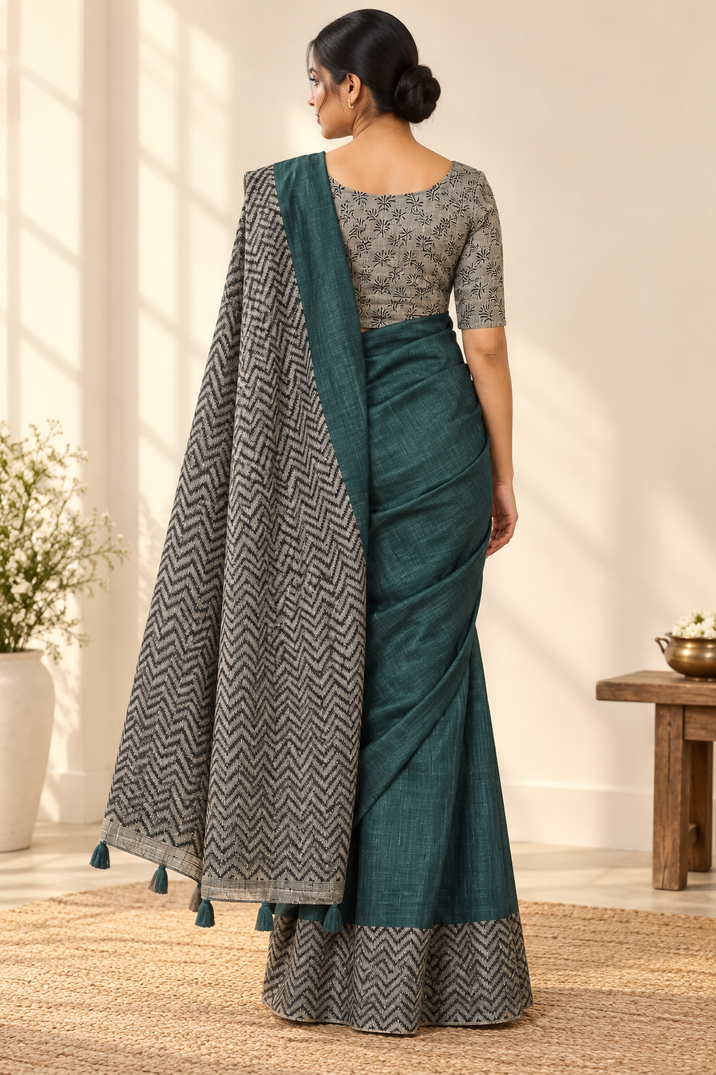Khadhi Jute Saree with Zigzag Border & Unstitched Blouse – Lightweight