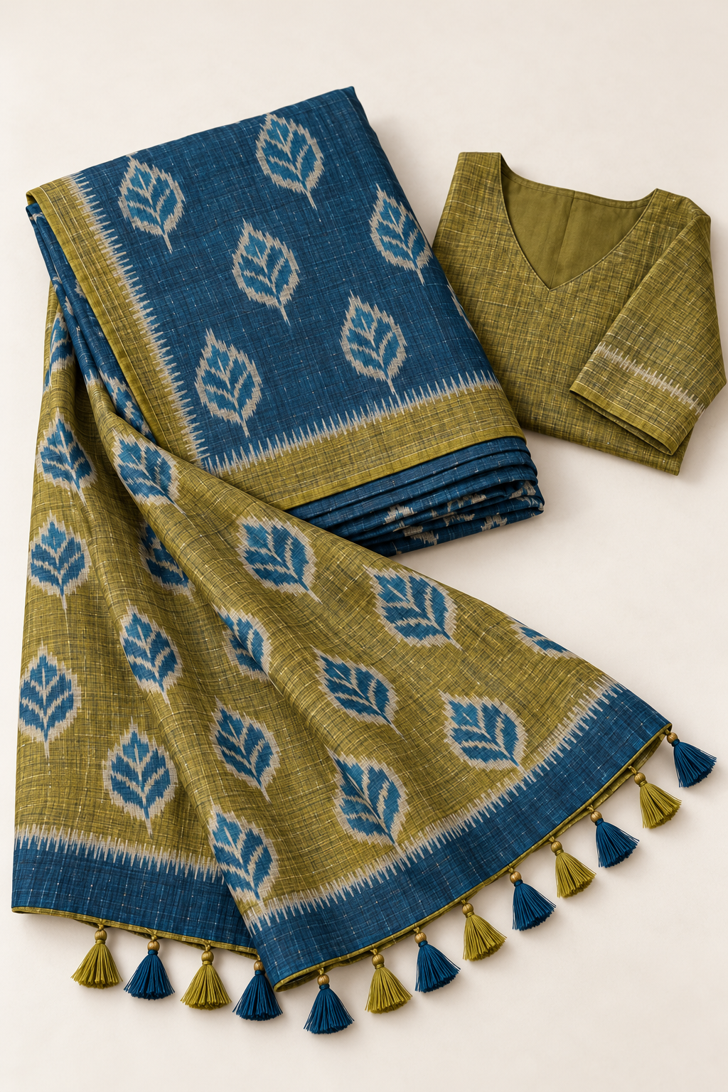 Teal Blue & Olive Bamboo Khadhi Saree with Blouse Piece