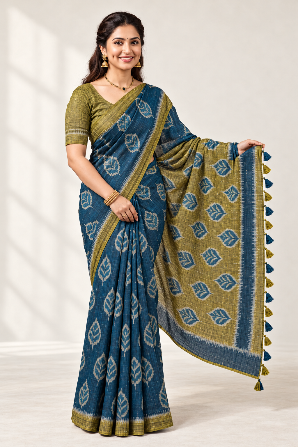 Teal Blue & Olive Bamboo Khadhi Saree with Blouse Piece