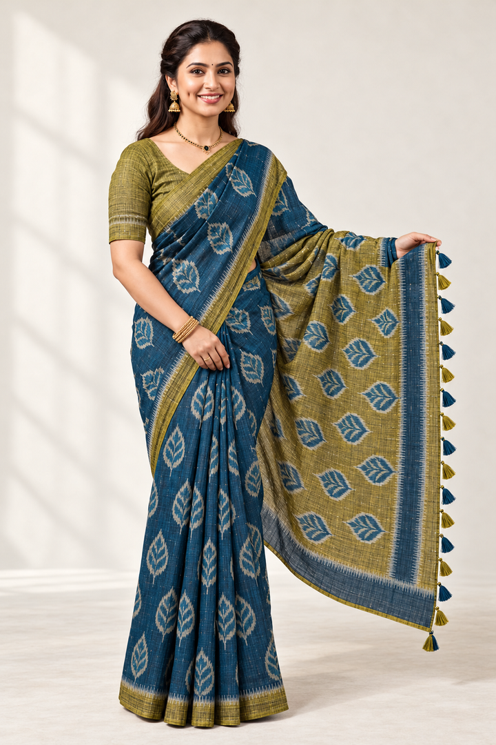 Teal Blue & Olive Bamboo Khadhi Saree with Blouse Piece