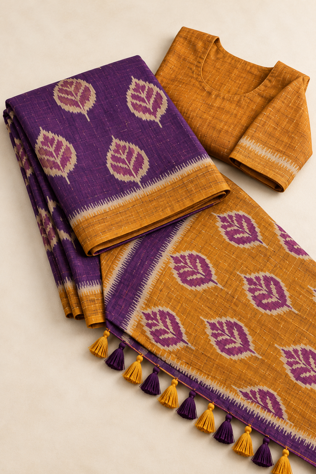 Purple & Mustard Bamboo Khadhi Saree with Blouse Piece