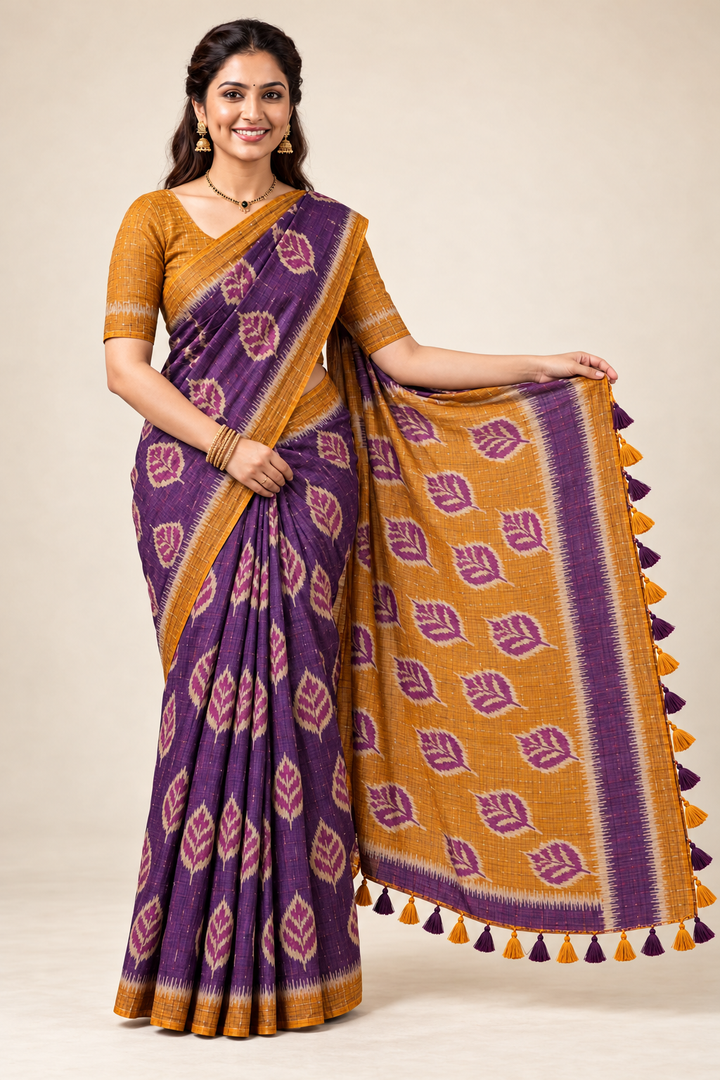 Purple & Mustard Bamboo Khadhi Saree with Blouse Piece