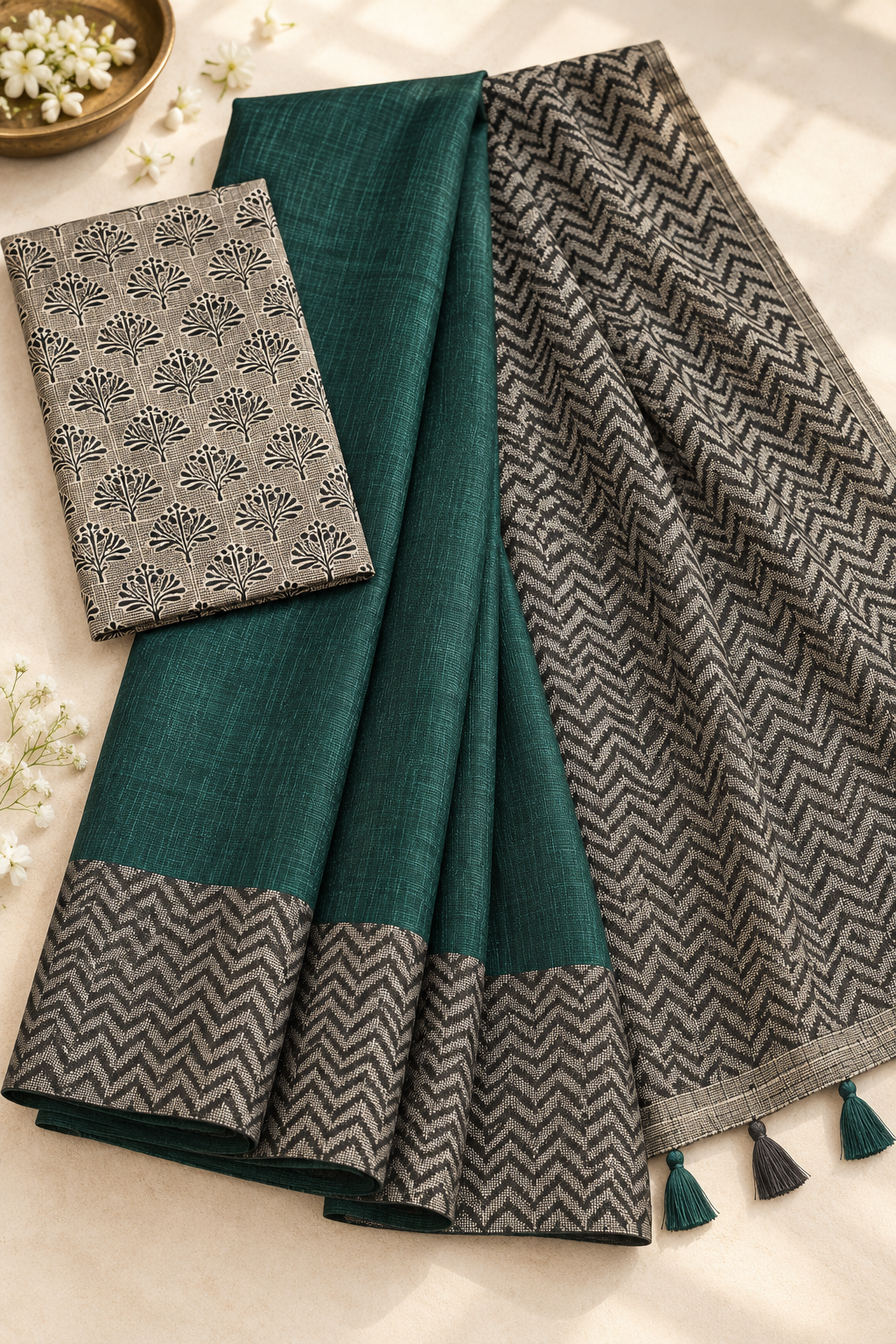 Khadhi Jute Saree with Zigzag Border & Unstitched Blouse – Lightweight