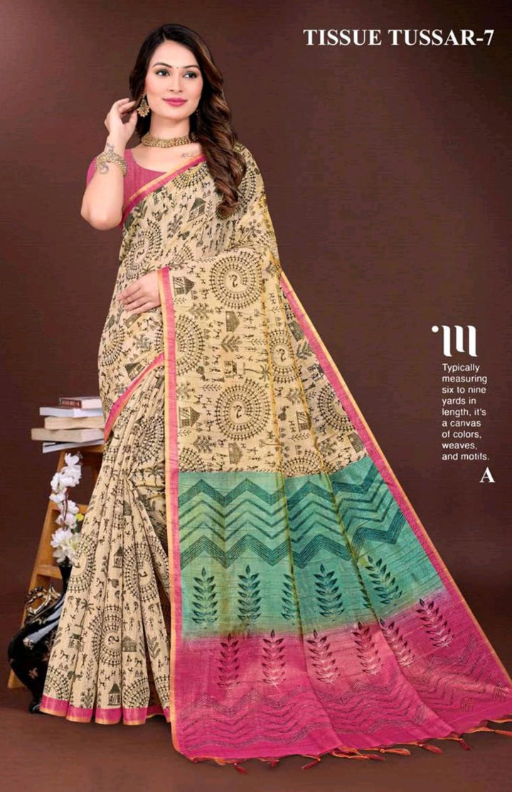 Woman wearing a traditional saree with a brown background