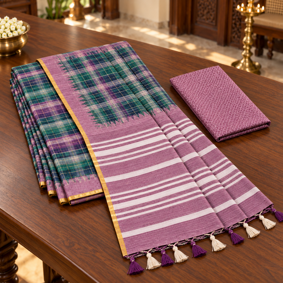 Emerald Mauve folded saree and blouse