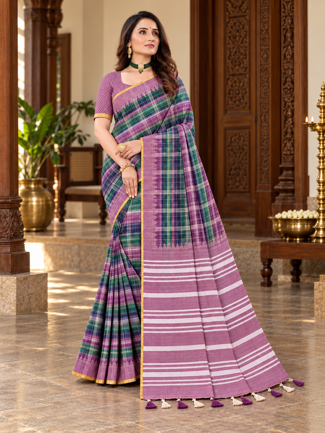 Amala Cotton Sarees Emerald Green Mauve front view