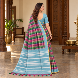 Amala Cotton Sarees Magenta Green with Aqua back view