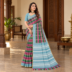 Amala Cotton Sarees Magenta Green with Aqua front view