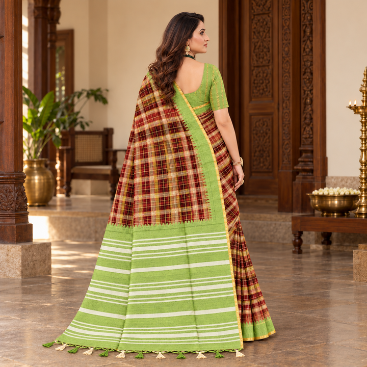 Amala Cotton Sarees Maroon with Green back view