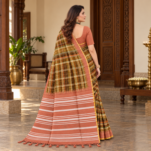 Amala Cotton Sarees Olive with Terracotta back view
