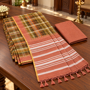 Amala Cotton Sarees Olive with Terracotta folded saree with contrast blouse