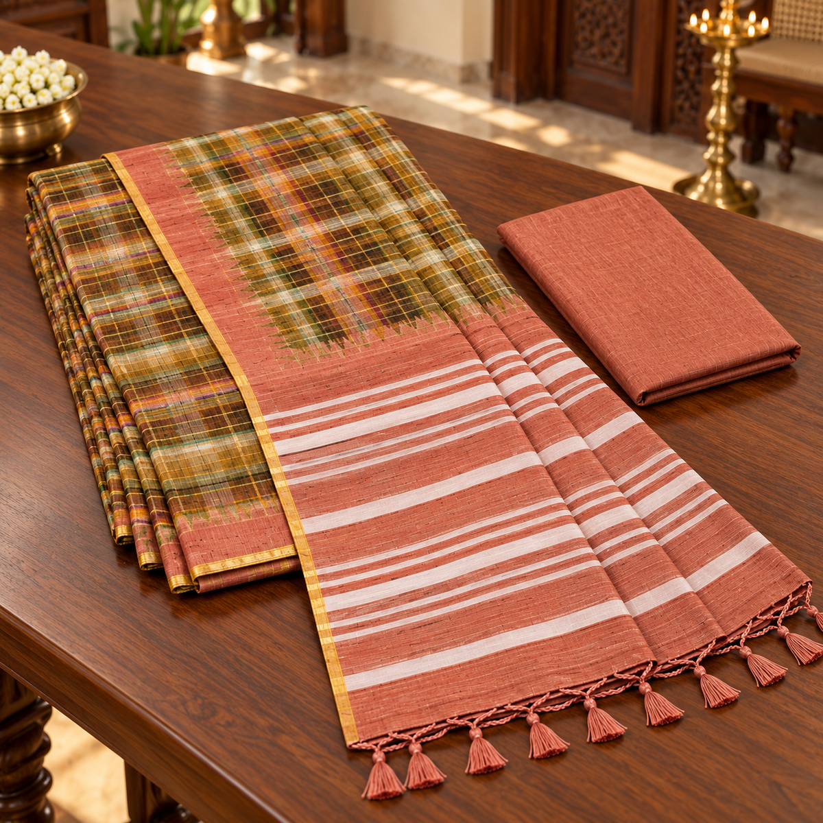 Amala Cotton Sarees Olive with Terracotta folded saree with contrast blouse