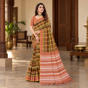 Amala Cotton Sarees Olive with Terracotta front view