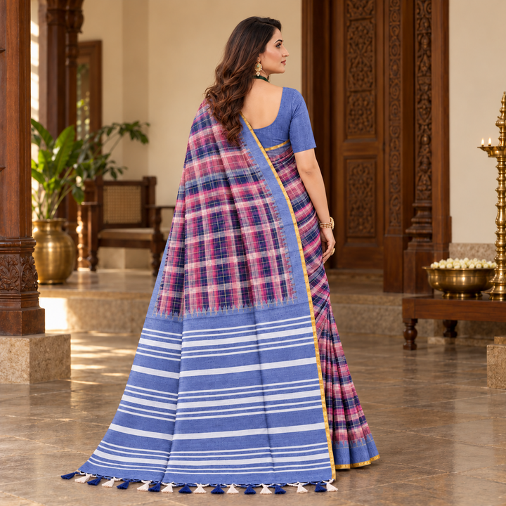 Amala Cotton Sarees Rose Pink with Periwinkle Blue back view