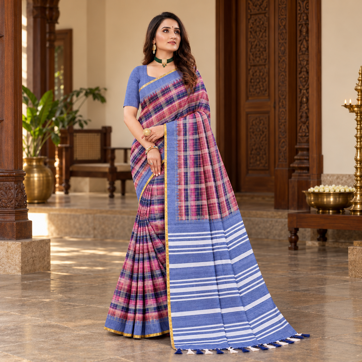 Amala Cotton Sarees Rose Pink with Periwinkle Blue front view