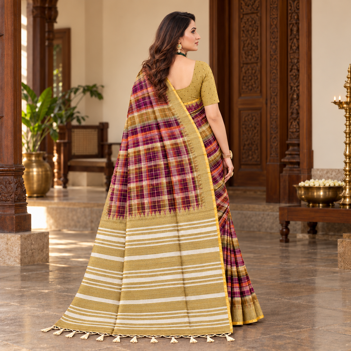 Amala Cotton Sarees Plum with Mustard back view
