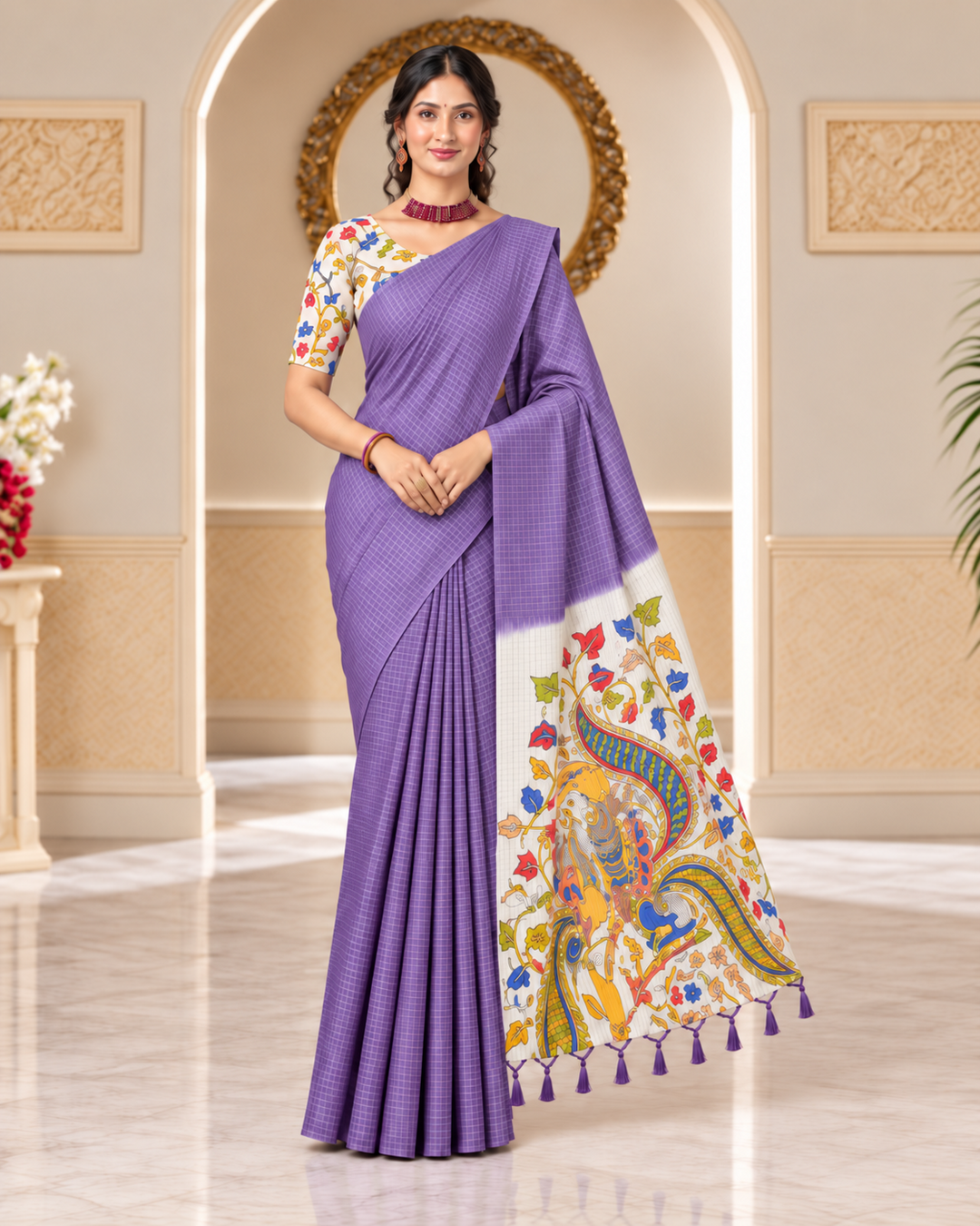 Lavender Purple Fancy Sungudi Art Saree front view