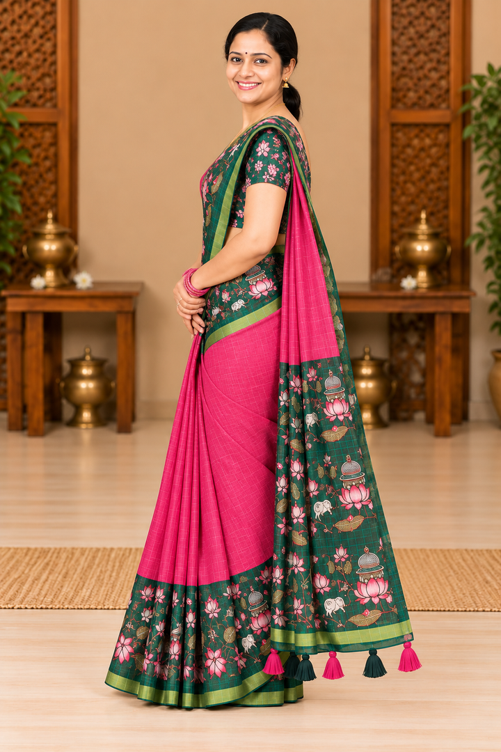 Corporate Linen Sarees pink green