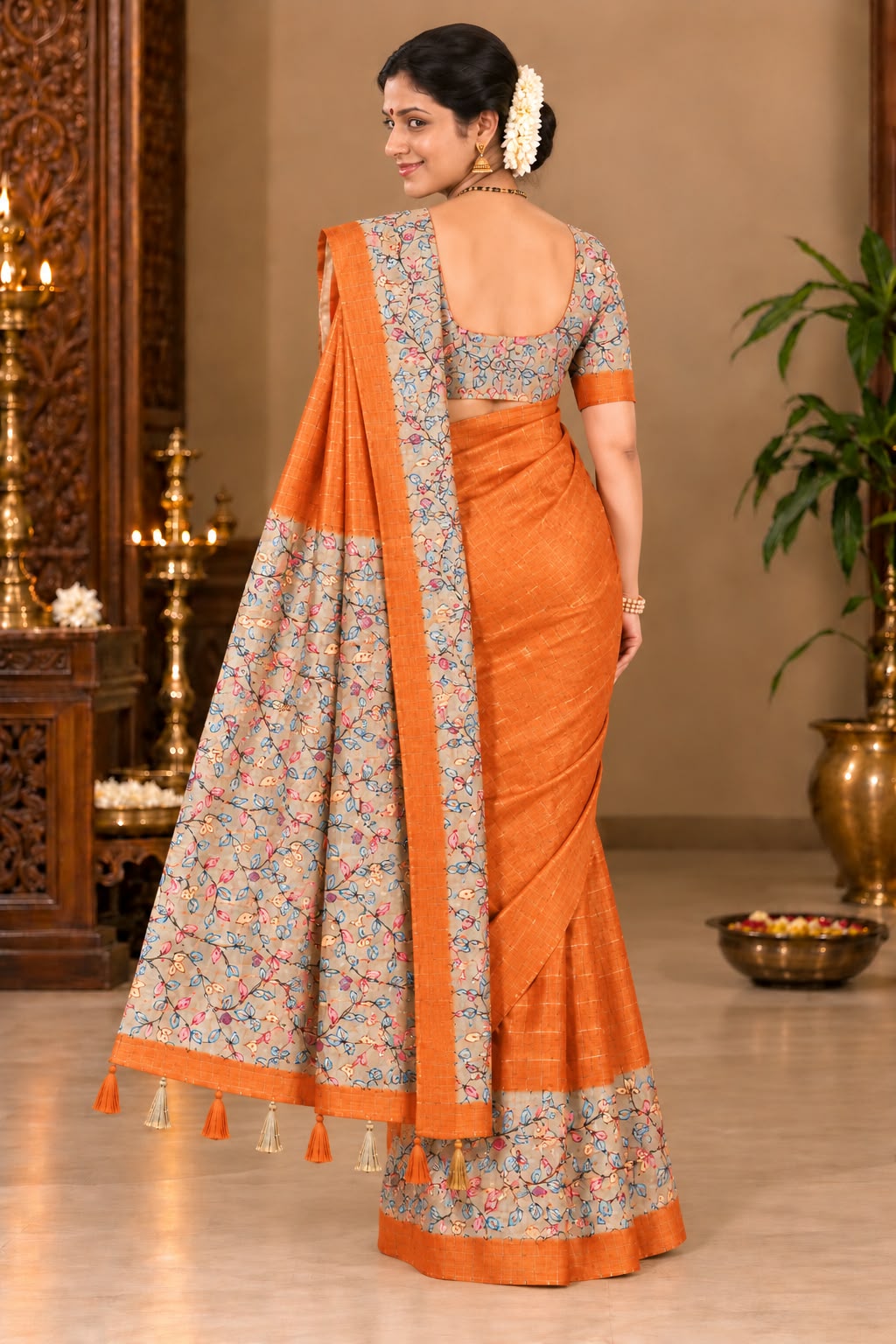 Kalamkari Tussar Silk Saree Burnt Orange back view