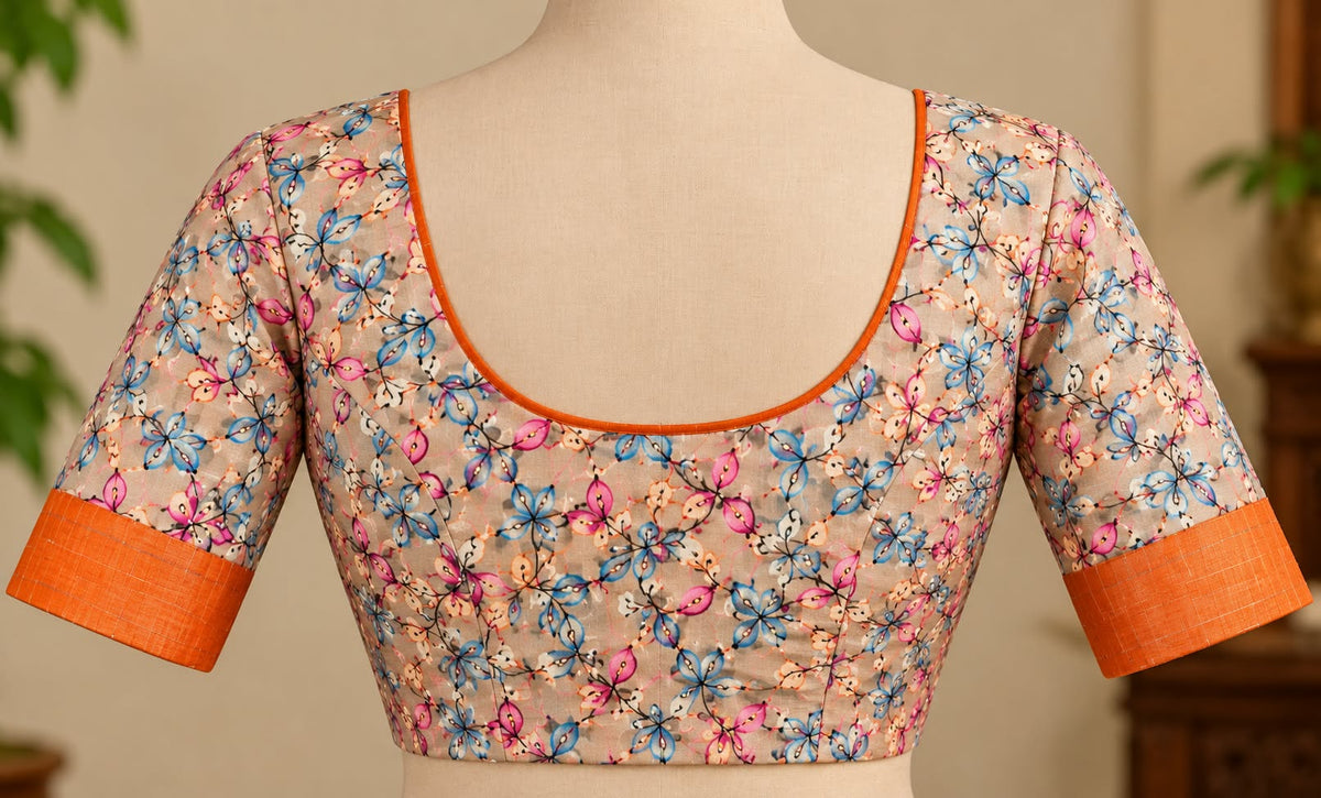 Kalamkari Tussar Silk Saree Burnt Orange blouse view