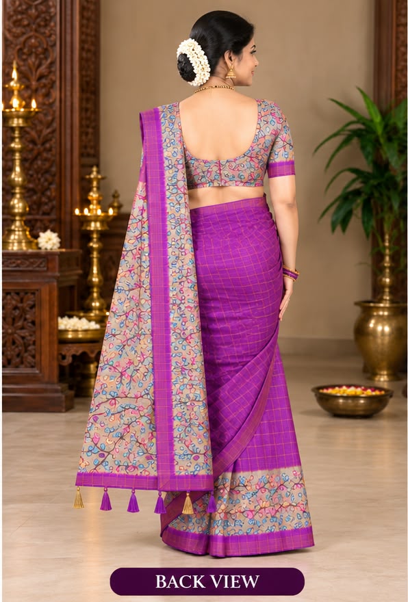 Kalamkari Tussar Silk Saree Royal Purple back view