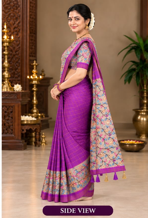 Kalamkari Tussar Silk Saree Royal Purple side view