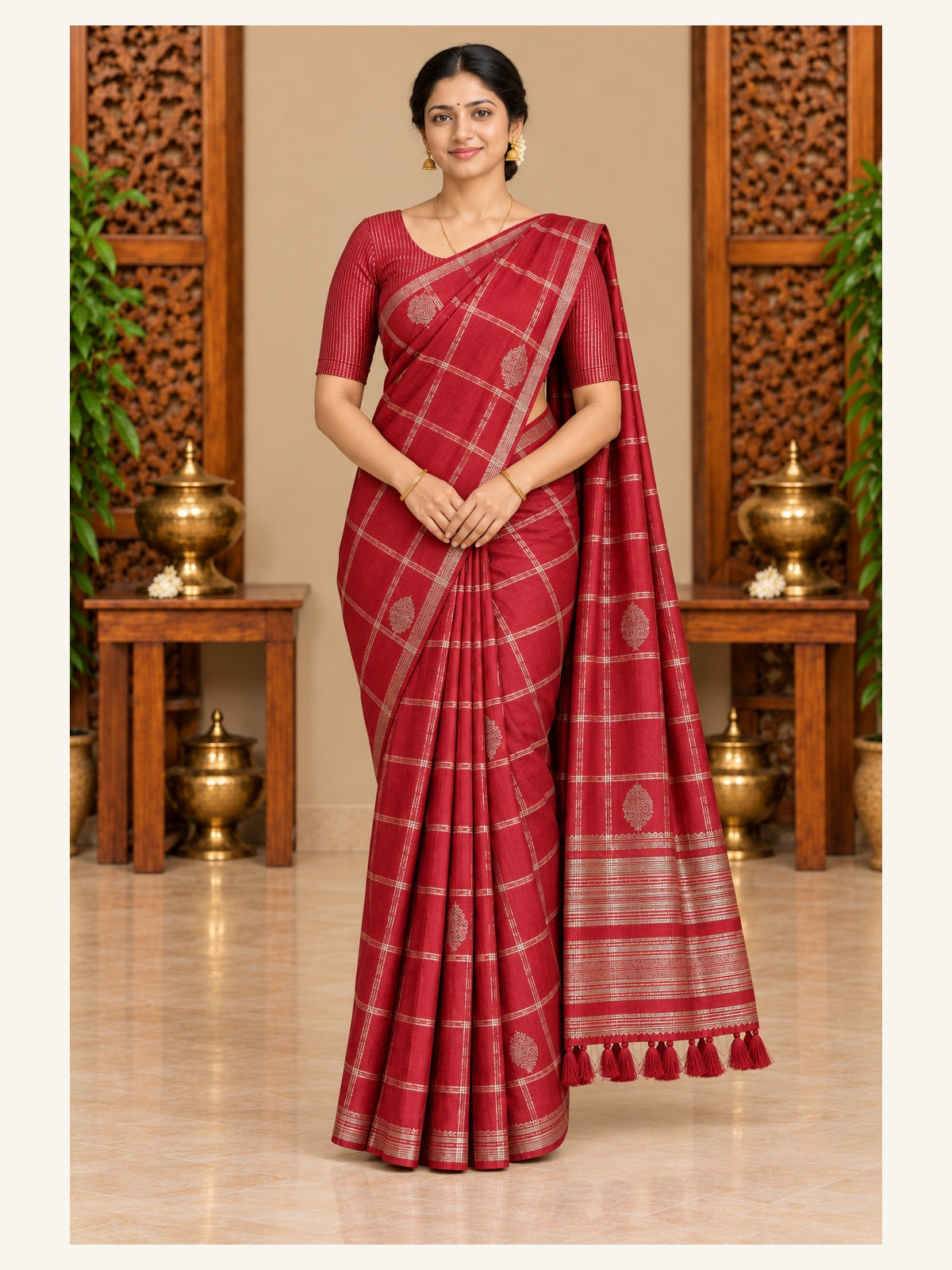 Kanjipuram Semi Silk Saree Deep Red - front view