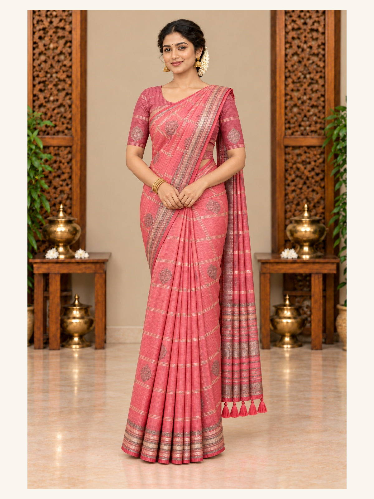 Kanjipuram Semi Silk Saree Peach Coral - front view