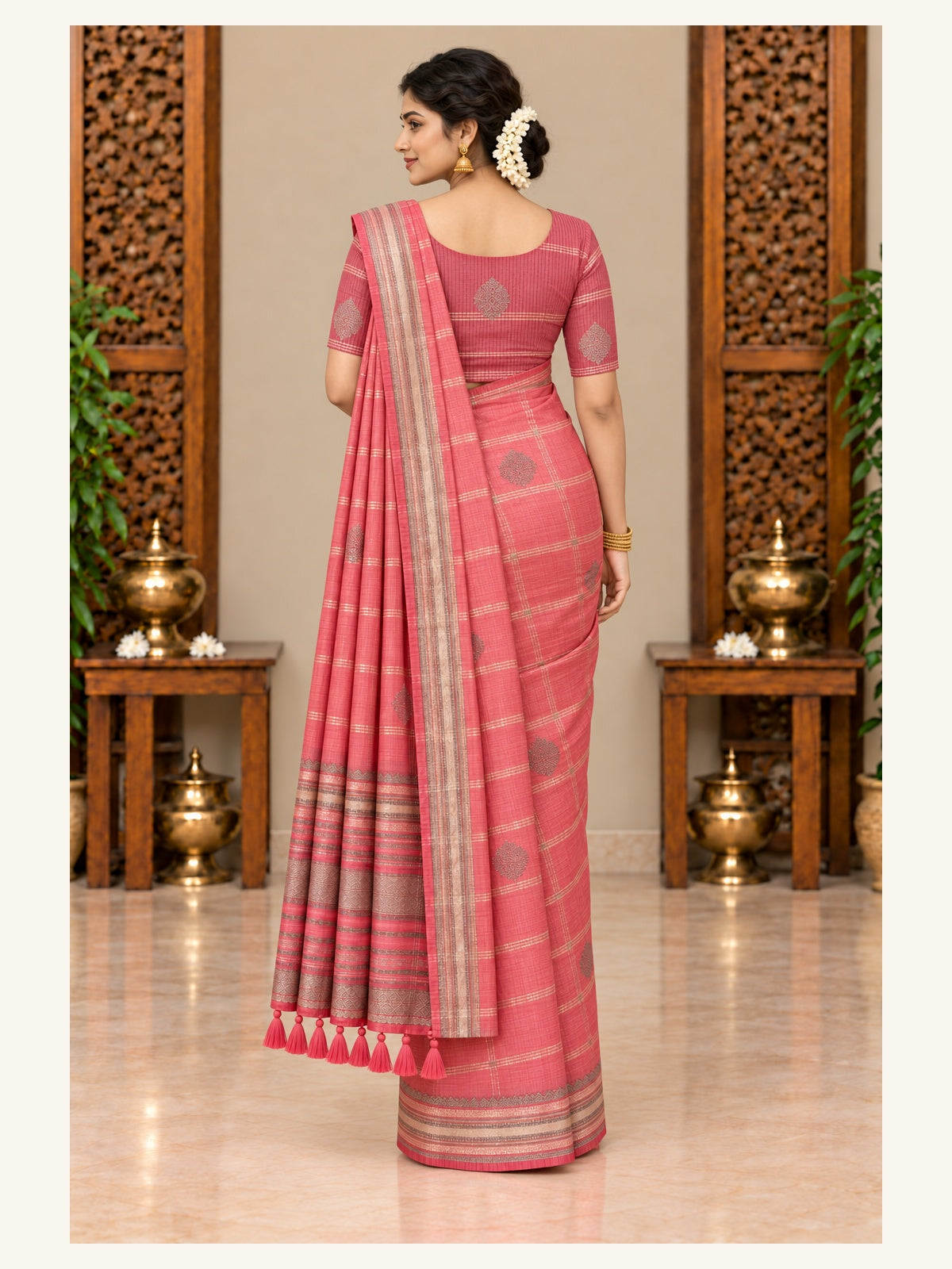Kanjipuram Semi Silk Saree Peach Coral - back view