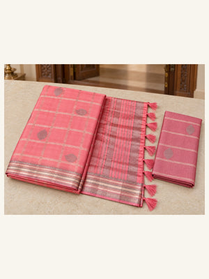 Kanjipuram Semi Silk Saree Peach Coral - folded saree with blouse piece