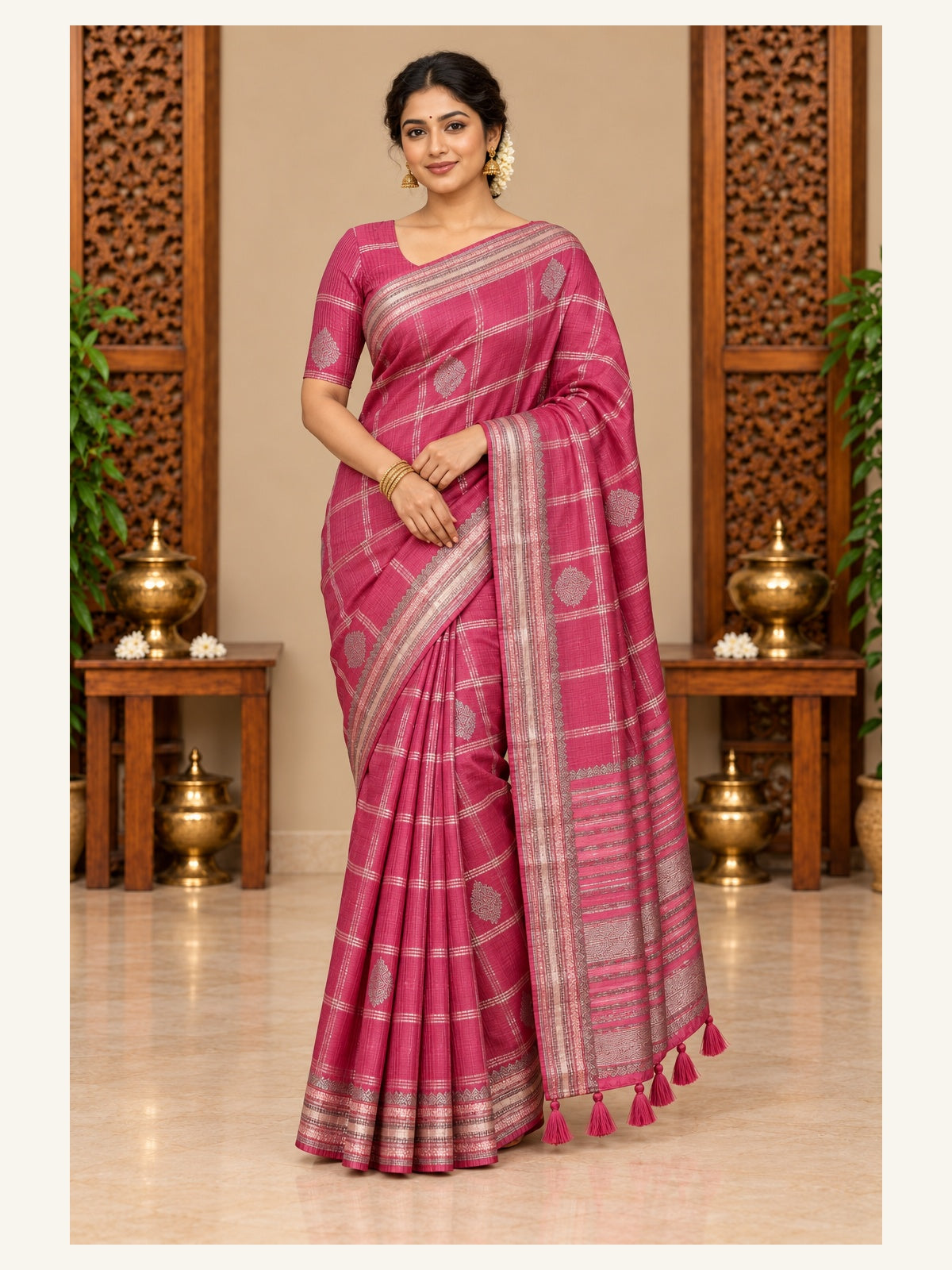 Kanjipuram Semi Silk Saree Rose Pink - front view