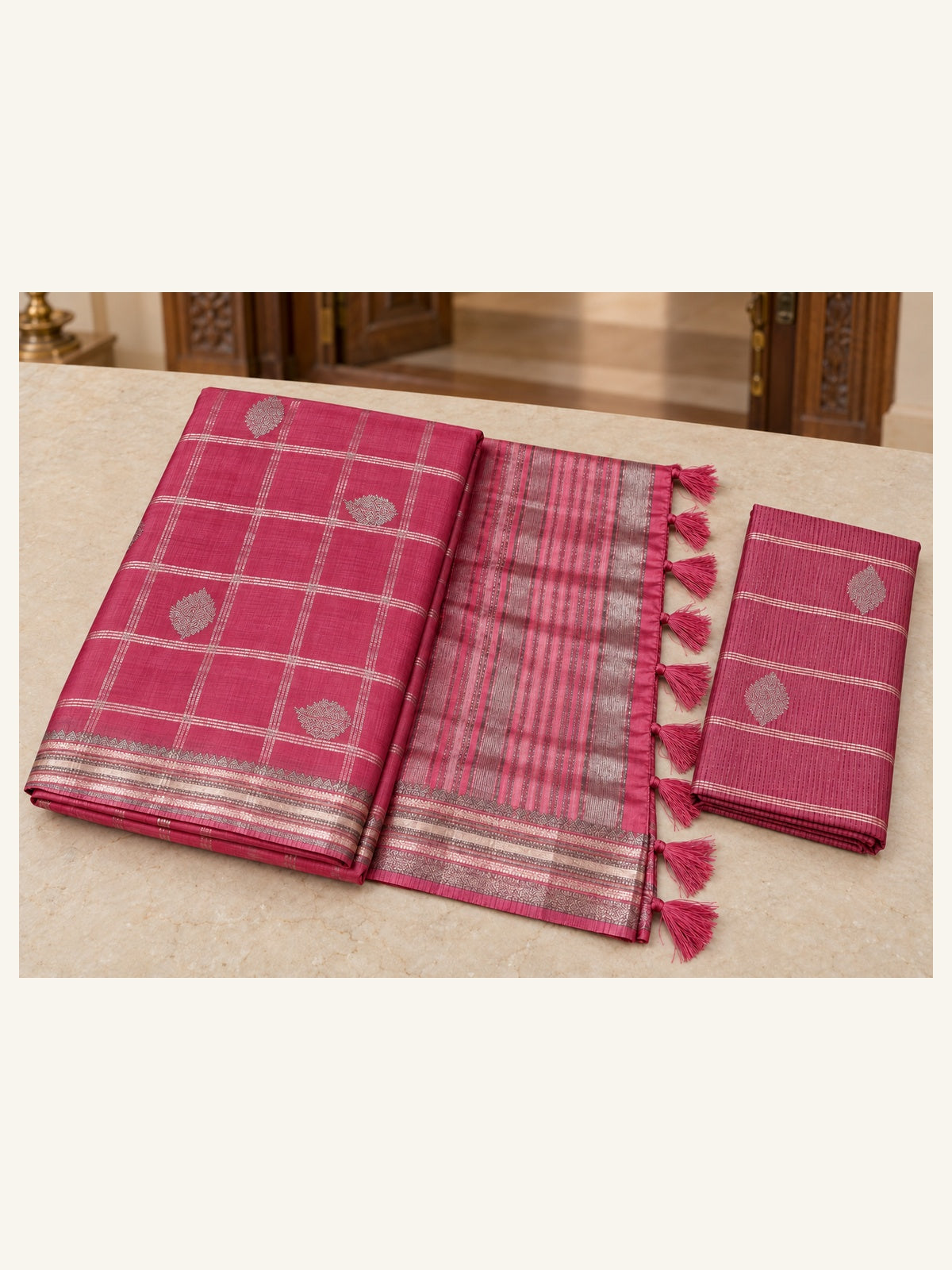 Kanjipuram Semi Silk Saree Rose Pink - folded saree with blouse piece