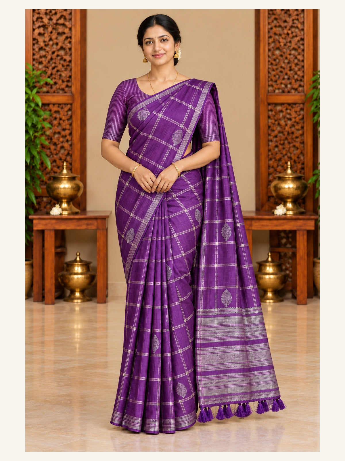 Kanjipuram Semi Silk Saree Violet - front view