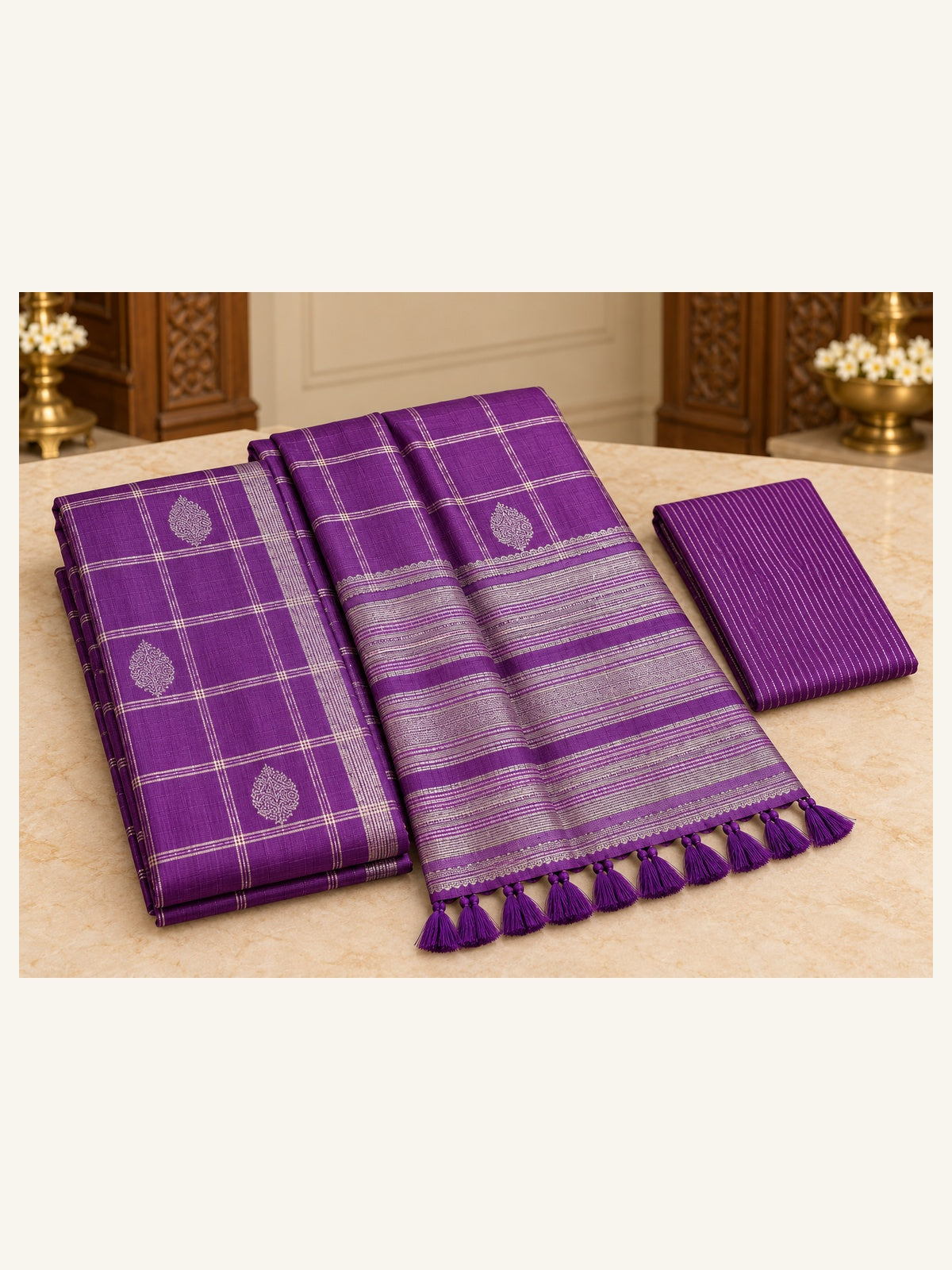 Kanjipuram Semi Silk Saree Violet - folded saree with blouse piece