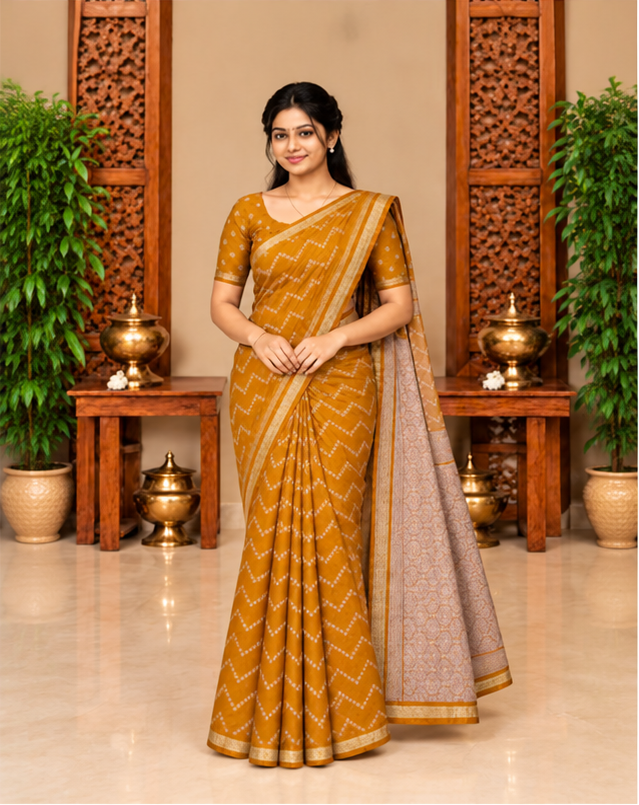 Khadhi Silk mustard full-length front matched to Raspberry Pink framing