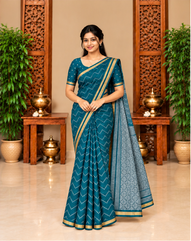 Khadhi Silk teal full-length front matched to Raspberry Pink framing