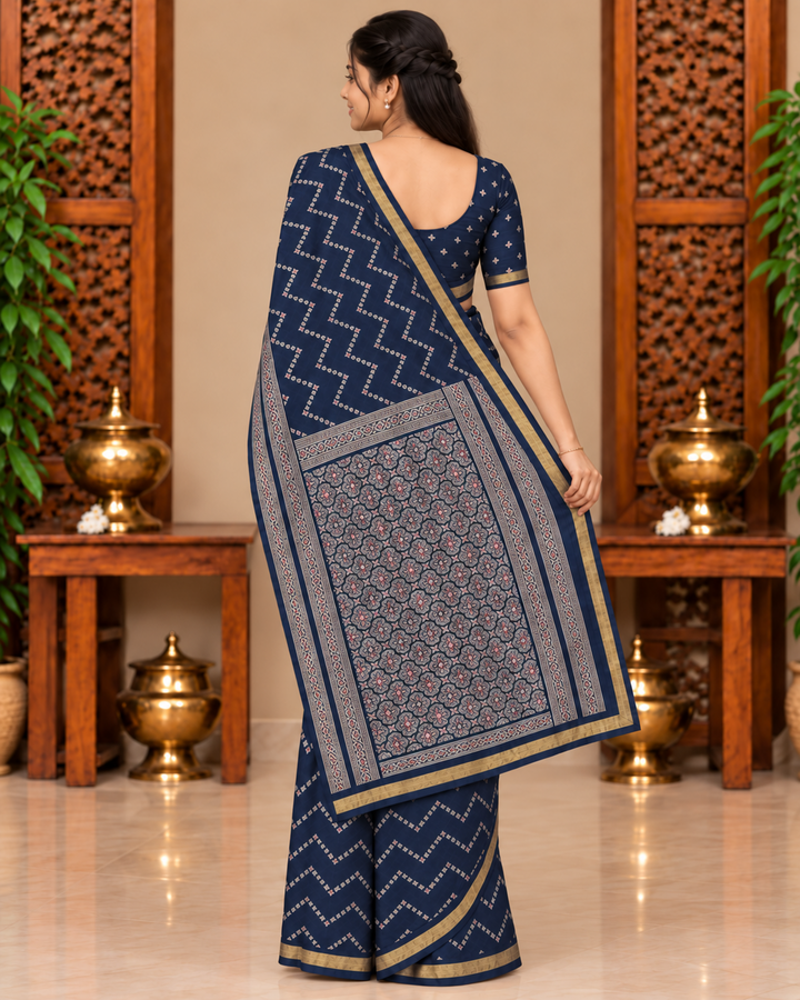 Back view - Navy Blue Khadhi Silk Saree silver pallu KHSS001