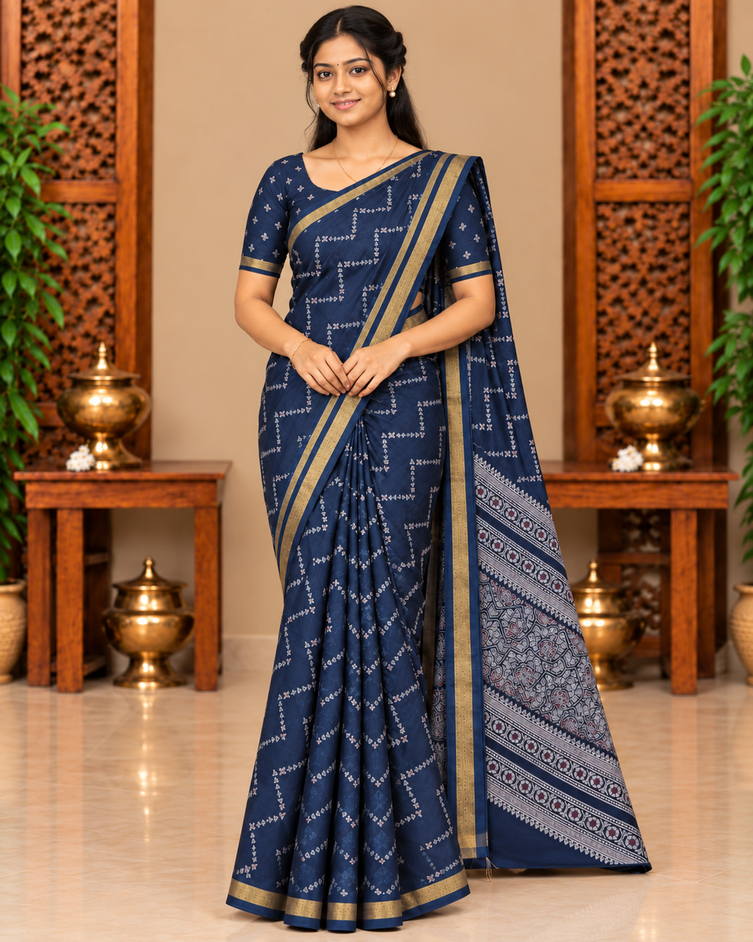 Full length model front view - Navy Blue Khadhi Silk Saree KHSS001