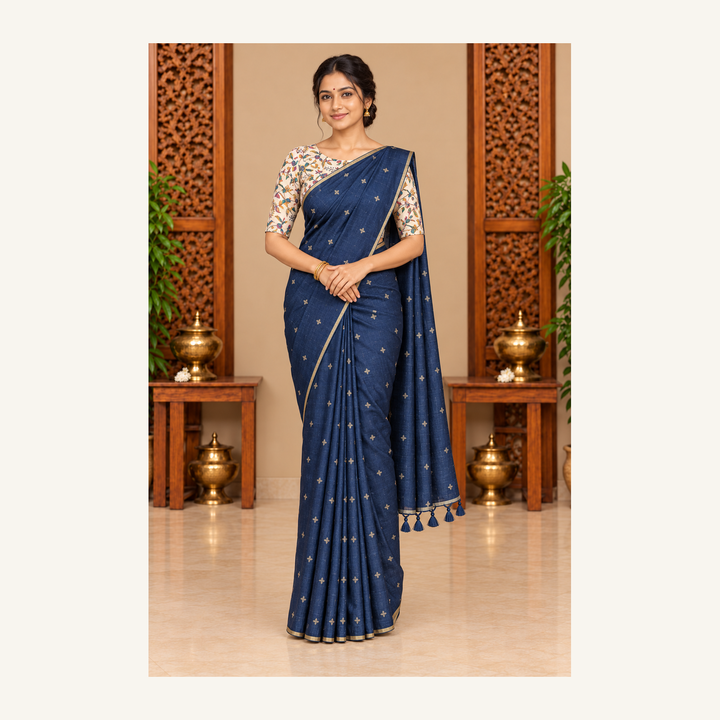Pleated Navy Malai Silk Saree Portrait