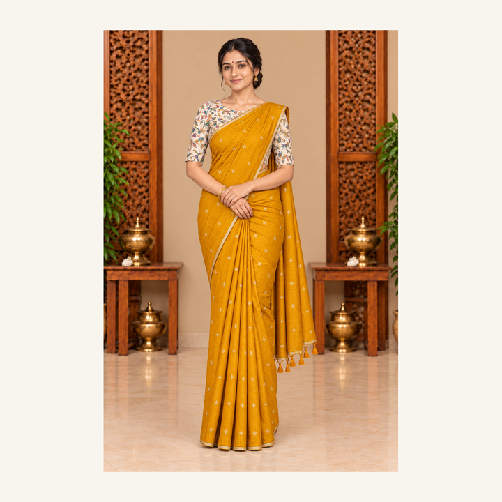 Mustard yellow pleated saree portrait