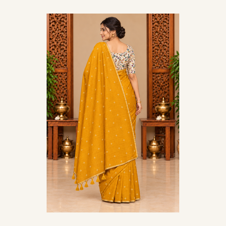 Mustard Malai Silk Saree Back View