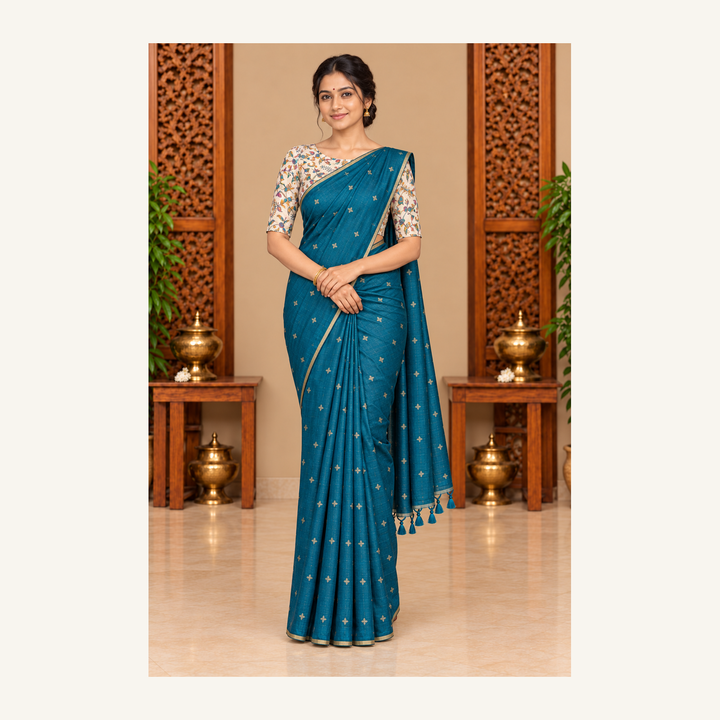 Teal Malai Silk Saree, Pleated Front View