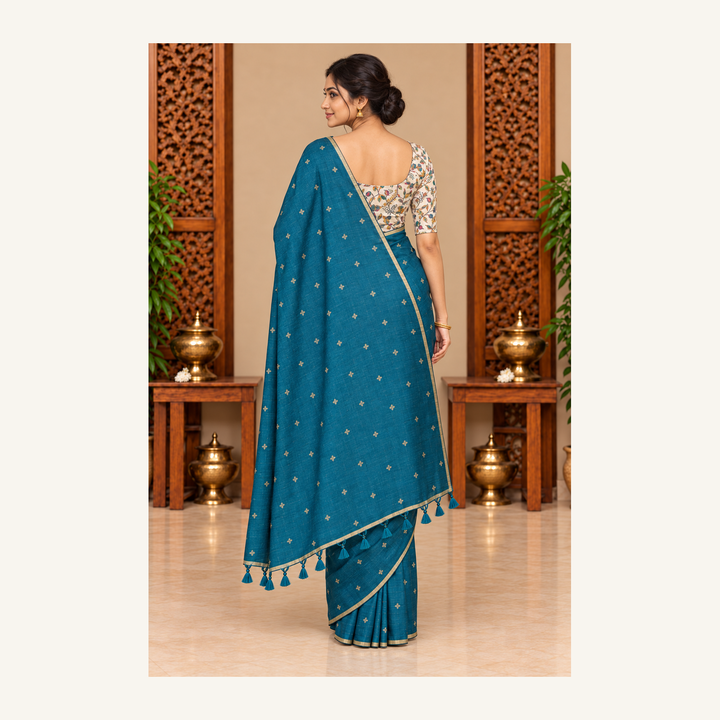 Teal Malai Silk Saree Back View